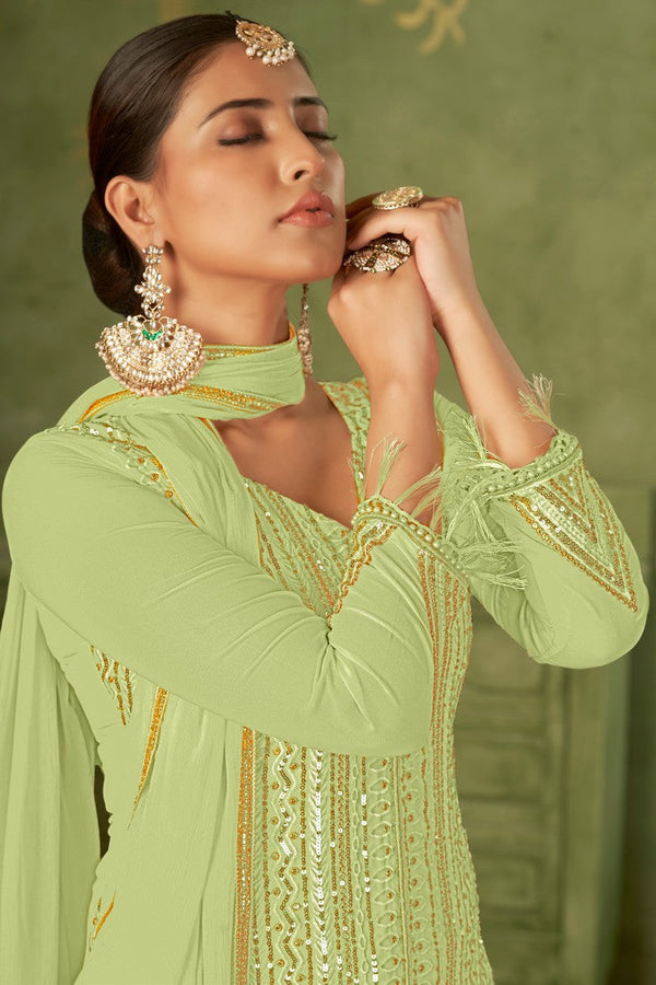 Tasteful Green Color Georgette Fabric Partywear Suit