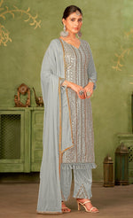 Tasteful Grey Color Georgette Fabric Partywear Suit