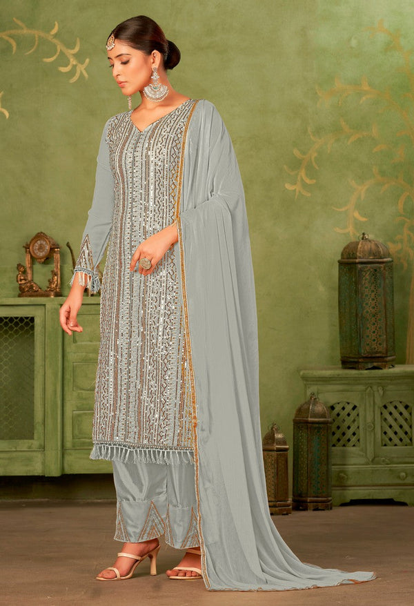 Tasteful Grey Color Georgette Fabric Partywear Suit