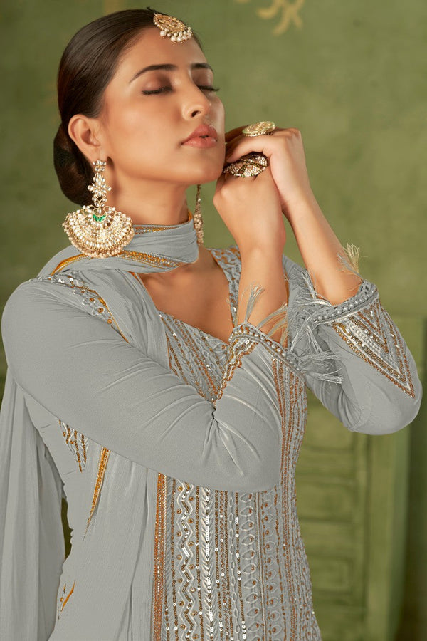 Tasteful Grey Color Georgette Fabric Partywear Suit