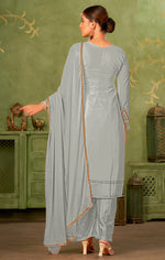 Tasteful Grey Color Georgette Fabric Partywear Suit