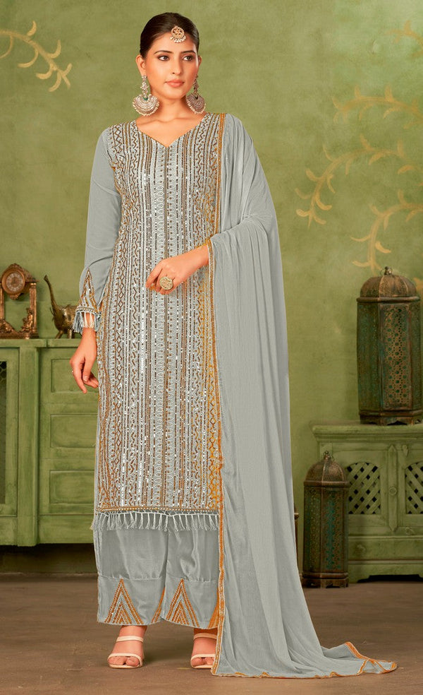 Tasteful Grey Color Georgette Fabric Partywear Suit