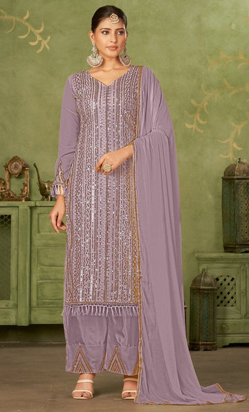 Tasteful Purple Color Georgette Fabric Partywear Suit