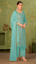 Tasteful Turquoise Color Georgette Fabric Partywear Suit