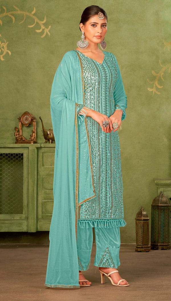 Tasteful Turquoise Color Georgette Fabric Partywear Suit