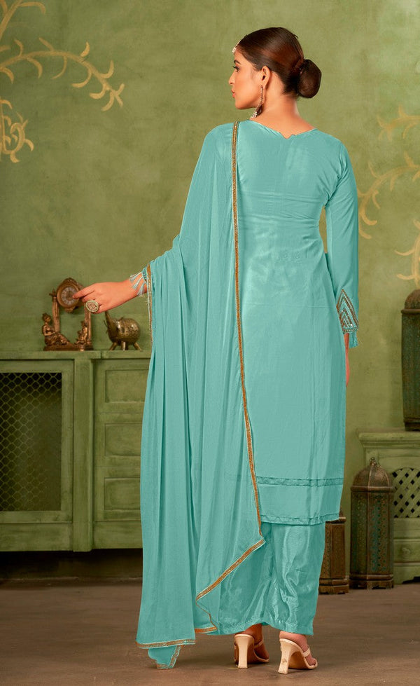 Tasteful Turquoise Color Georgette Fabric Partywear Suit