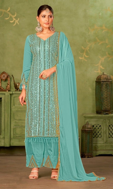 Tasteful Turquoise Color Georgette Fabric Partywear Suit