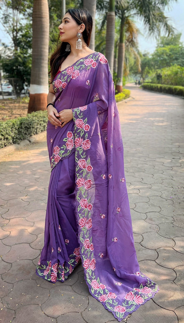 Beauteous Purple Color Organza Fabric Partywear Saree