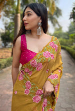 Beauteous Mustard Color Organza Fabric Partywear Saree