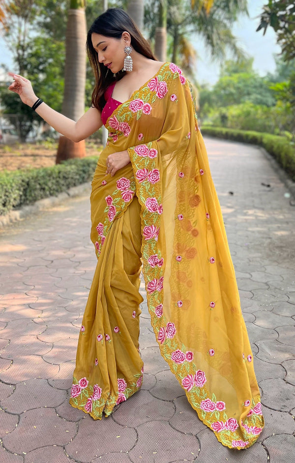 Beauteous Mustard Color Organza Fabric Partywear Saree