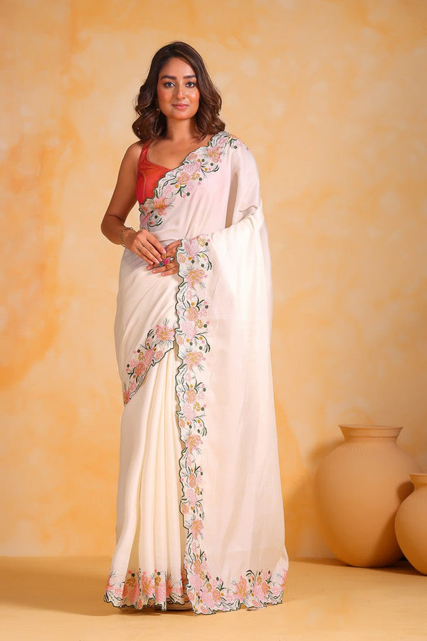 Beauteous White Color Tussar Fabric Partywear Saree