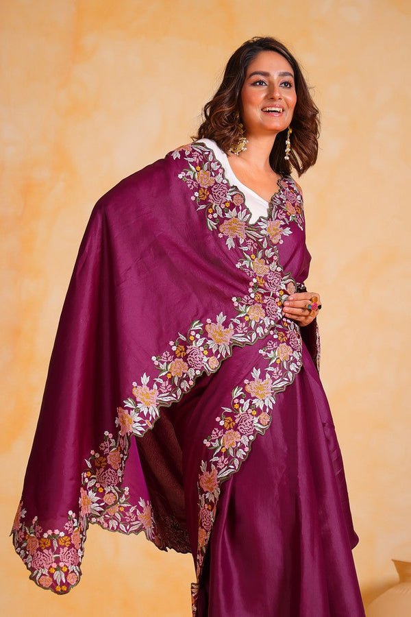 Beauteous Wine Color Tussar Fabric Partywear Saree