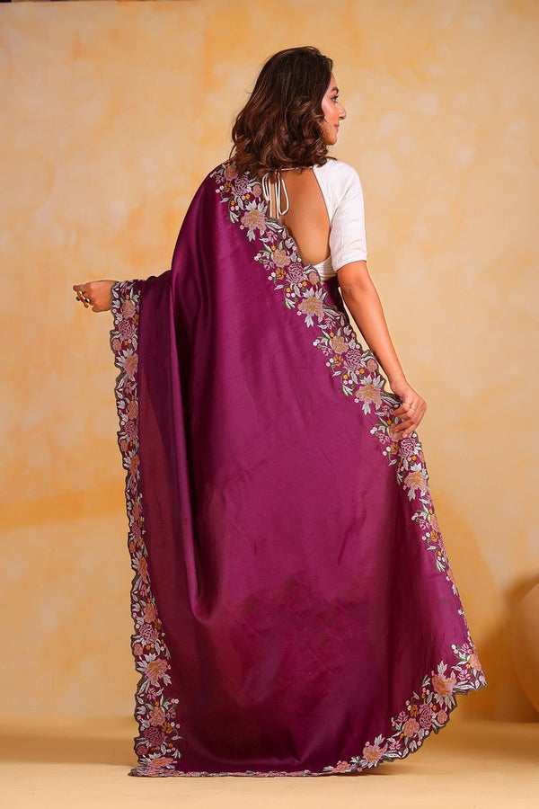 Beauteous Wine Color Tussar Fabric Partywear Saree