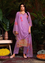 Tasteful Purple Color Organza Fabric Designer Suit