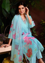 Tasteful Aqua Color Organza Fabric Designer Suit