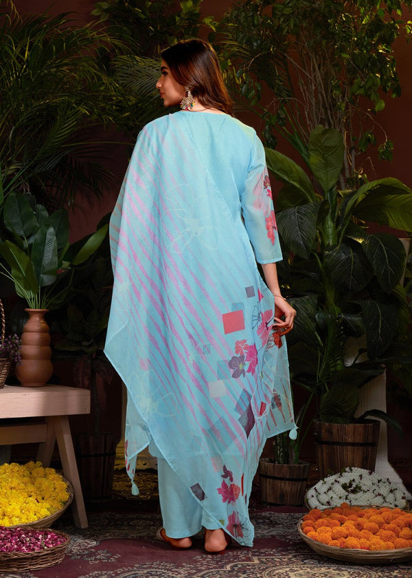 Tasteful Aqua Color Organza Fabric Designer Suit