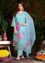 Tasteful Aqua Color Organza Fabric Designer Suit