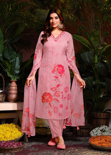 Tasteful Pink Color Organza Fabric Designer Suit