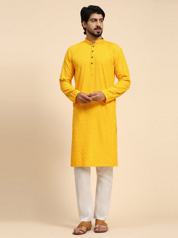 Amazing Yellow Color Rayon Fabric Mens Kurta