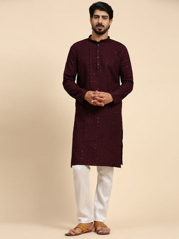 Amazing Wine Color Rayon Fabric Mens Kurta