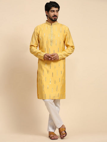 Amazing Yellow Color Silk Fabric Mens Kurta