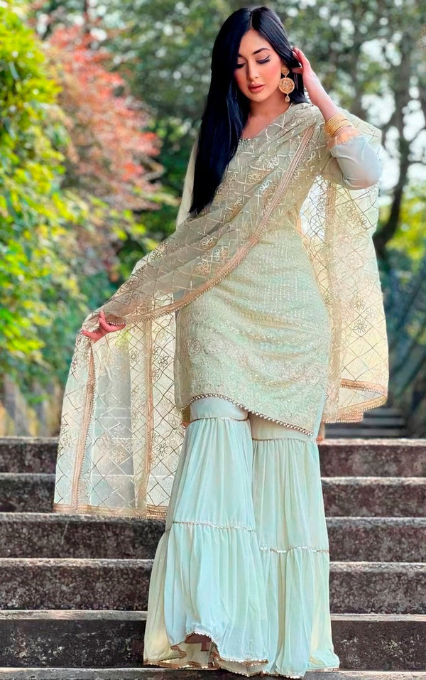 Divine Cream Color Georgette Fabric Sharara Suit