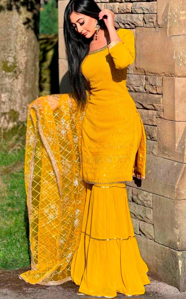 Divine Yellow Color Georgette Fabric Sharara Suit