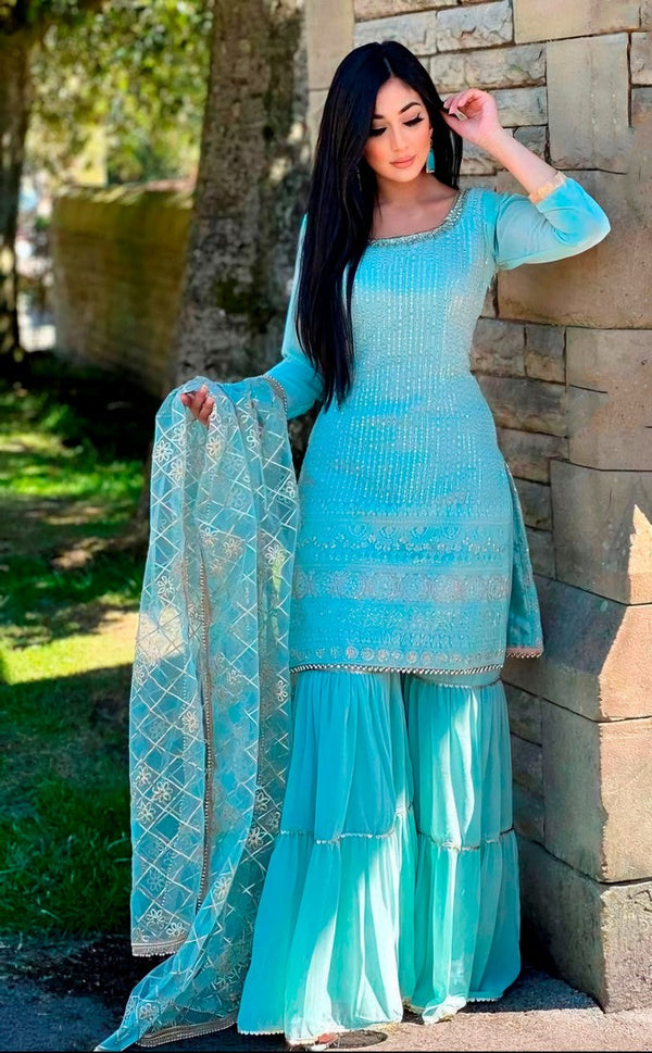 Divine Turquoise Color Georgette Fabric Sharara Suit