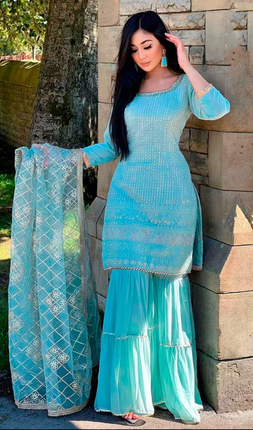 Divine Turquoise Color Georgette Fabric Sharara Suit