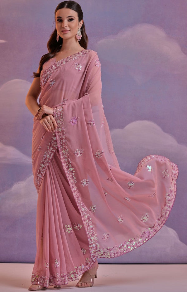 Lovely Peach Color Georgette Fabric Designer Saree