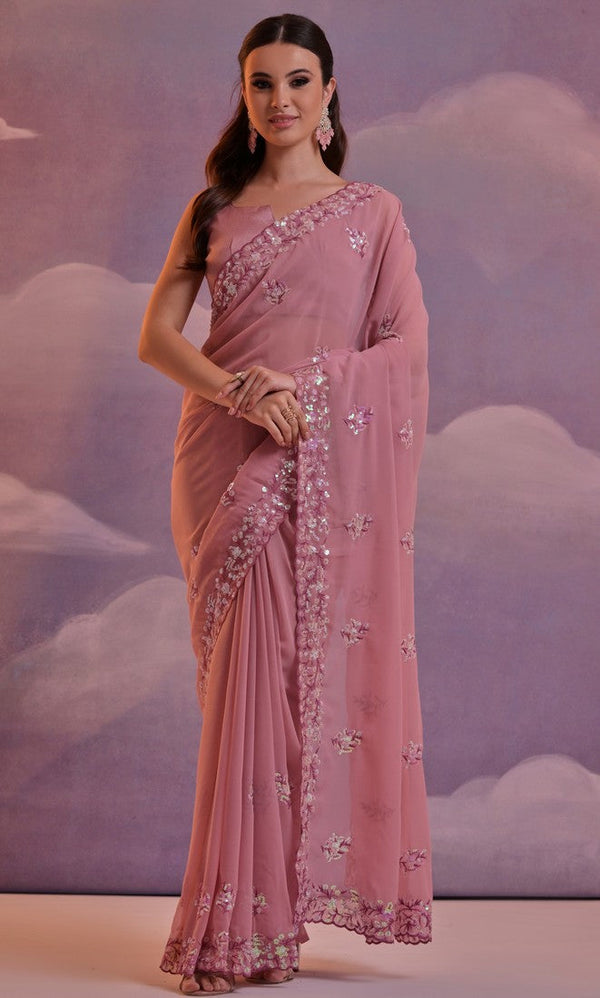 Lovely Peach Color Georgette Fabric Designer Saree