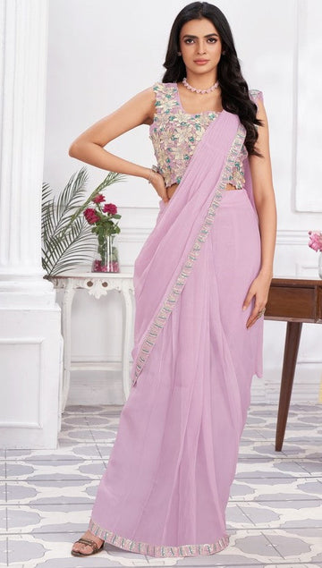 Pretty Purple Color Georgette Fabric Readymade Saree