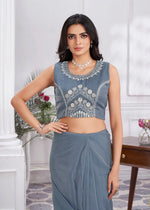 Pretty Grey Color Organza Fabric Readymade Saree