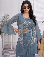 Pretty Grey Color Organza Fabric Readymade Saree