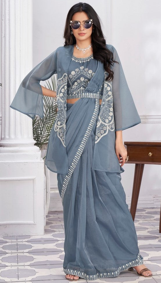 Pretty Grey Color Organza Fabric Readymade Saree