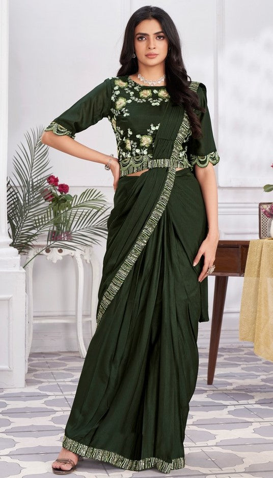 Pretty Green Color Georgette Fabric Readymade Saree