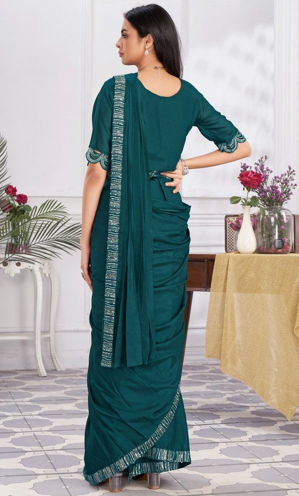 Pretty Teal Color Georgette Fabric Readymade Saree