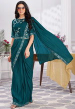 Pretty Teal Color Georgette Fabric Readymade Saree