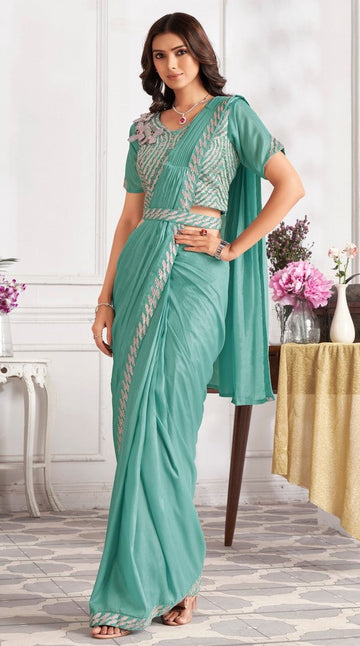 Pretty Aqua Color Satin Fabric Readymade Saree