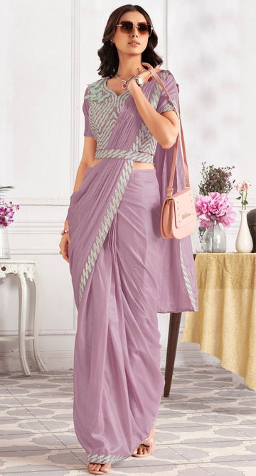 Pretty Purple Color Satin Fabric Readymade Saree