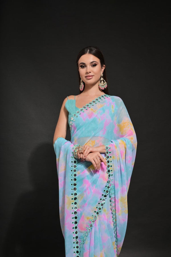 Beautiful Aqua Color Georgette Fabric Casual Saree