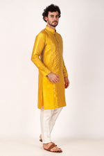 Dazzling Yellow Color Art Silk Fabric Kurta Pajama