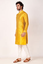 Dazzling Yellow Color Art Silk Fabric Kurta Pajama