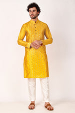 Dazzling Yellow Color Art Silk Fabric Kurta Pajama