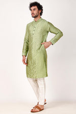 Dazzling Green Color Art Silk Fabric Kurta Pajama