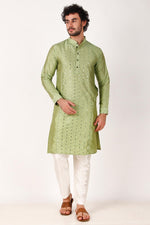 Dazzling Green Color Art Silk Fabric Kurta Pajama