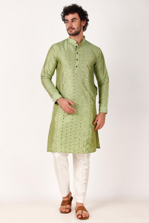 Dazzling Green Color Art Silk Fabric Kurta Pajama