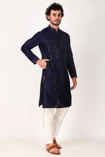 Dazzling Navy Blue Color Art Silk Fabric Kurta Pajama