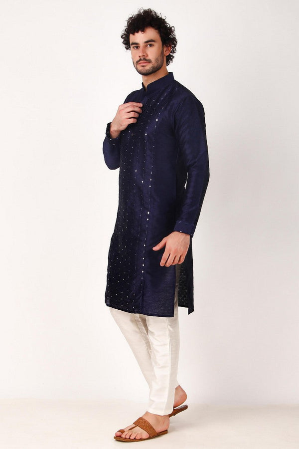 Dazzling Navy Blue Color Art Silk Fabric Kurta Pajama