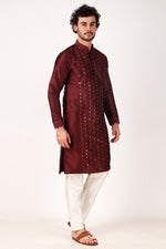 Dazzling Maroon Color Art Silk Fabric Kurta Pajama